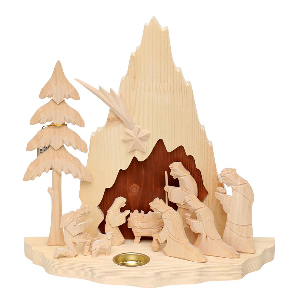 Holz-Krippe Heilige Familie groß mit Teelichthalter, natur/braun