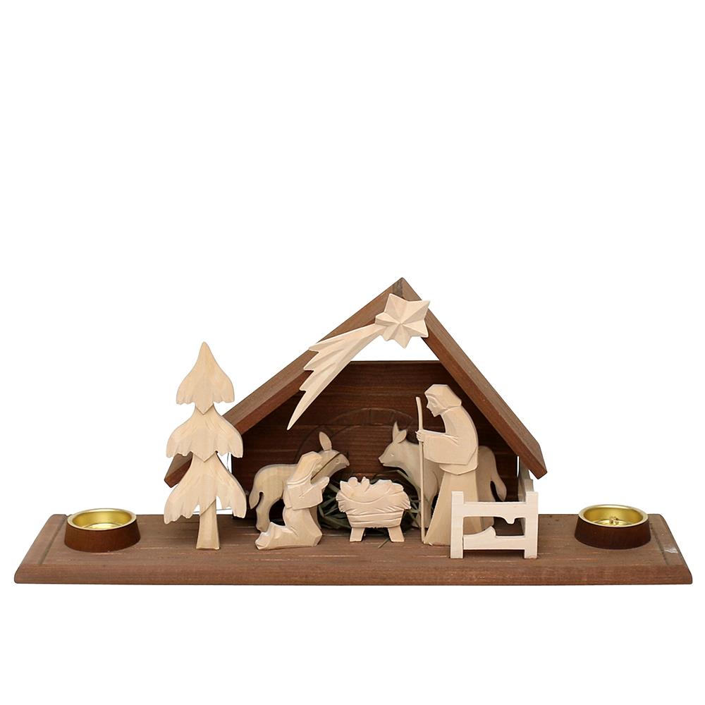 Holz Krippe Heilige Familie mit 2 Teelichthaltern (Flachschnitzerei), natur/braun 