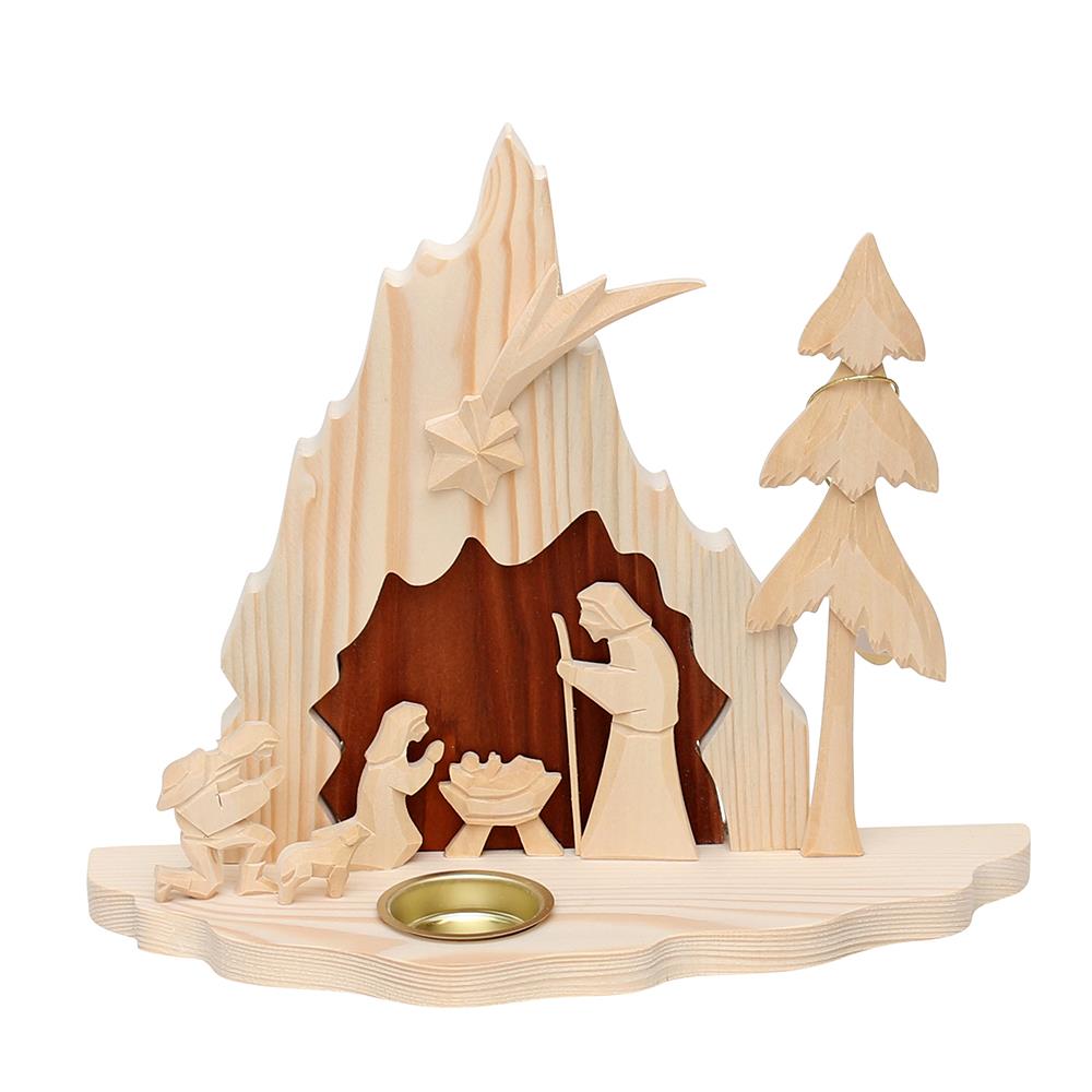 Holz Krippe Heilige Familie groß mit Teelichthalter (Flachschnitzerei), natur/braun 